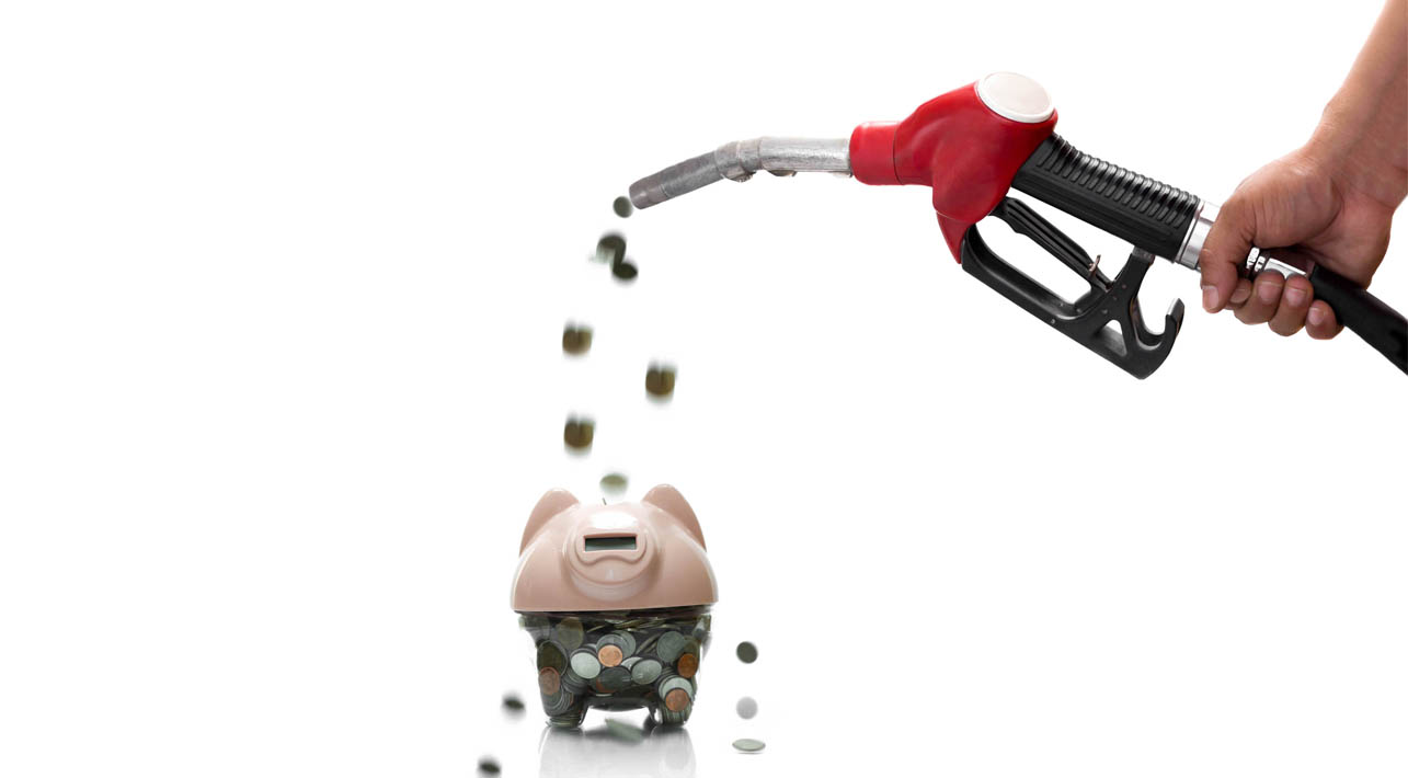 a man holding a fuel pump pouring cash into a piggy bank - symbolizing reducing fleet fuel costs