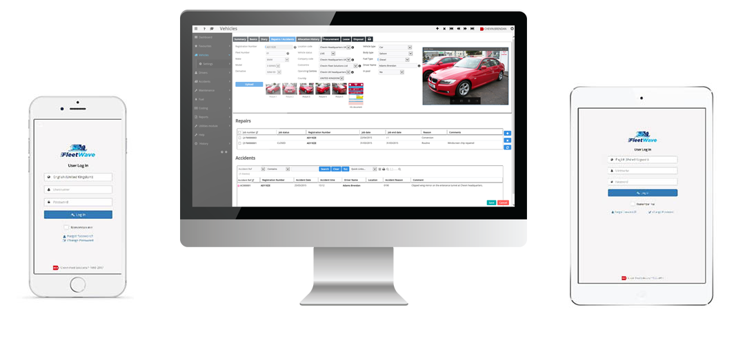 FleetWave fleet asset management software on a smartphone, desktop monitor and tablet