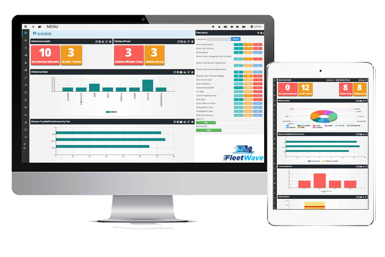 fleet management reporting software on a monitor and tablet