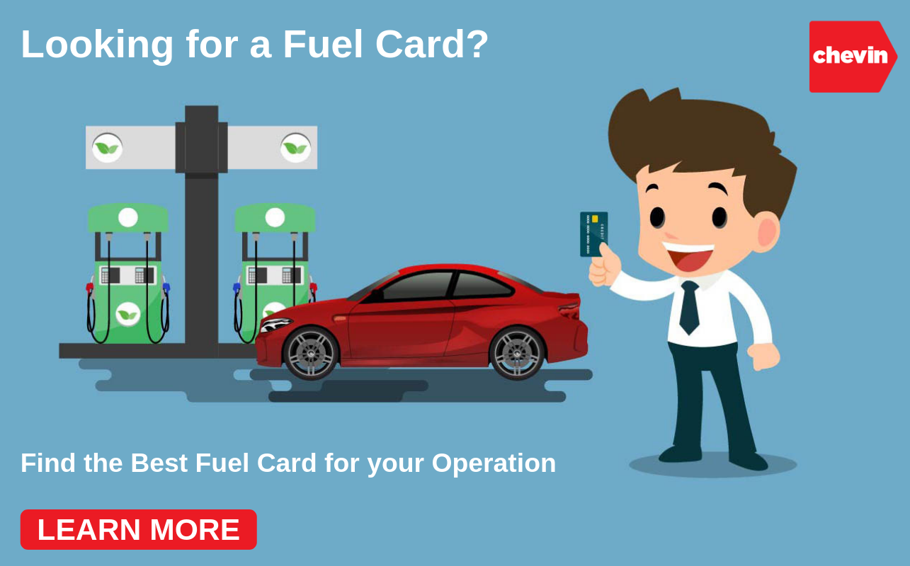 a cartoon man holding a fuel card in front of his fleet vehicle at a pump